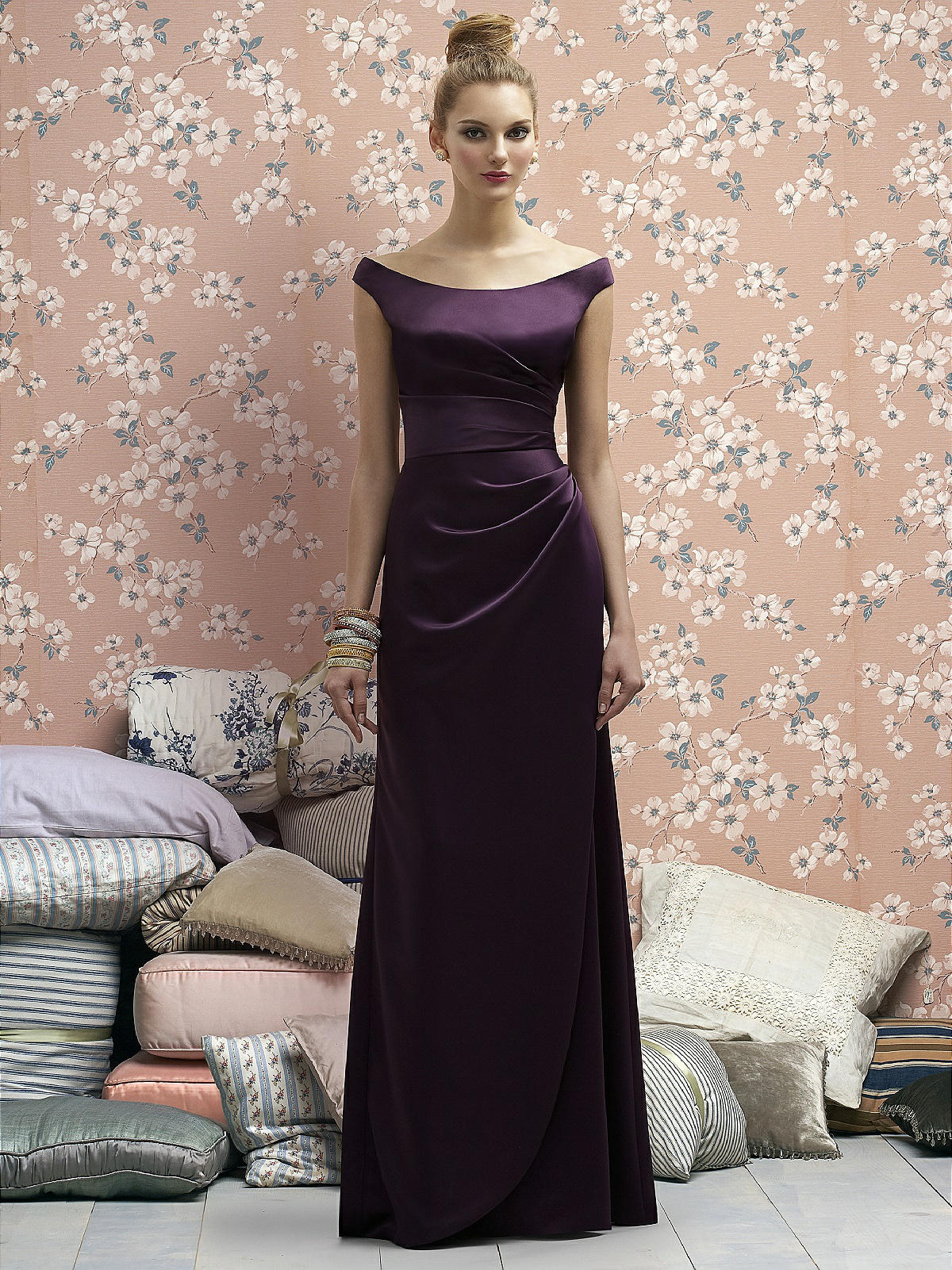 dark purple satin bridesmaid dress 