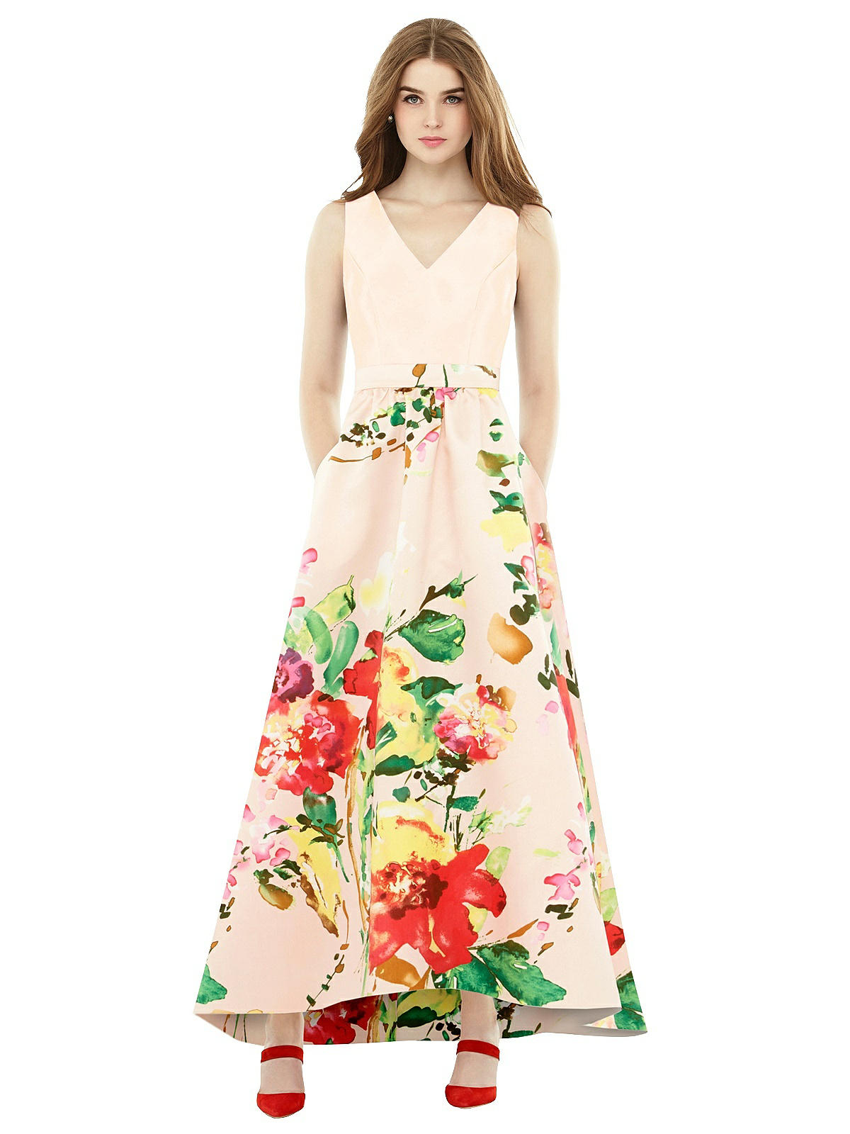 Alfred Sung Floral V-Neck High Low Gown D723CP | The Dessy Group